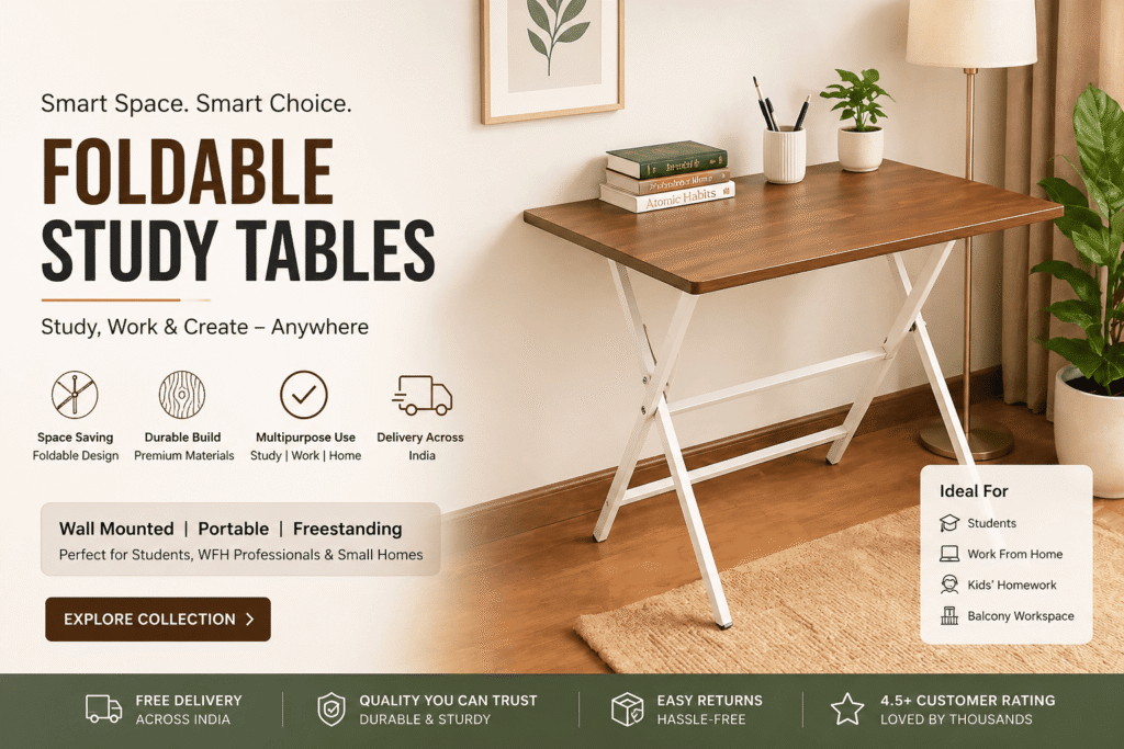 Foldable study table category banner featuring portable wooden study desk with metal frame for students, work from home, kids homework, and small apartments with delivery across India