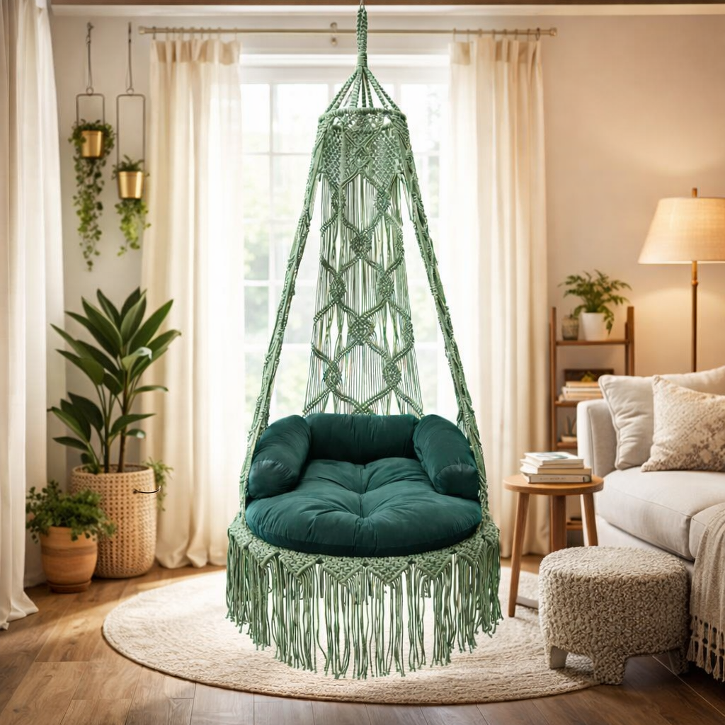 Maharani Macrame Swing Chair – Handwoven Rope Hanging Chair for Balcony & Garden - Image 3