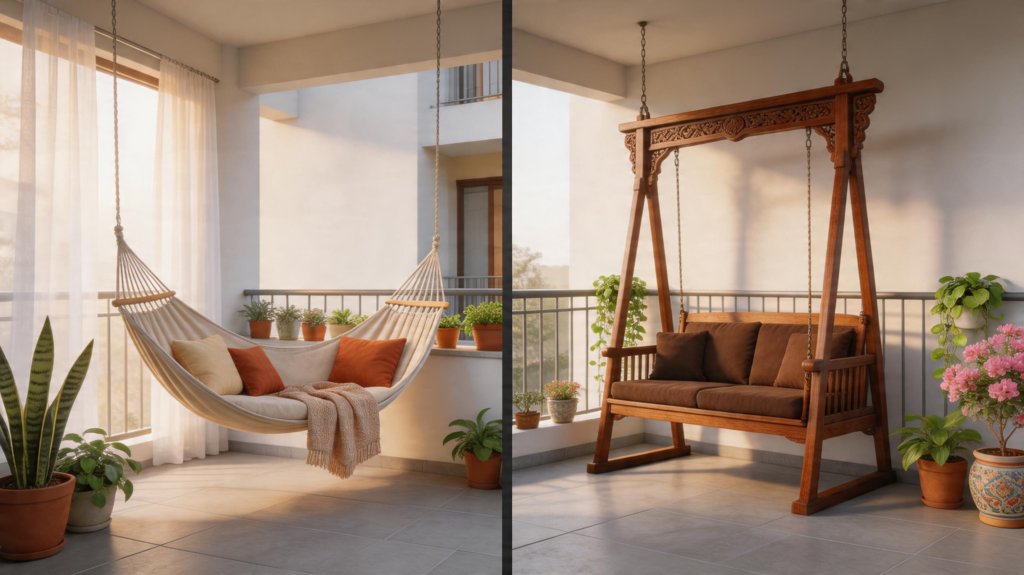 best swing for apartment balcony India cotton vs wooden