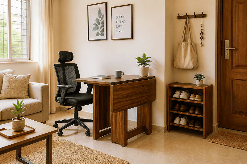 Space-saving foldable wooden table with ergonomic study chair and shoe rack in a modern Indian living room, ideal for work-from-home setup.