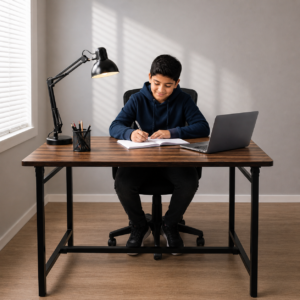 Dark walnut folding table in modern interior setting with minimalist decor